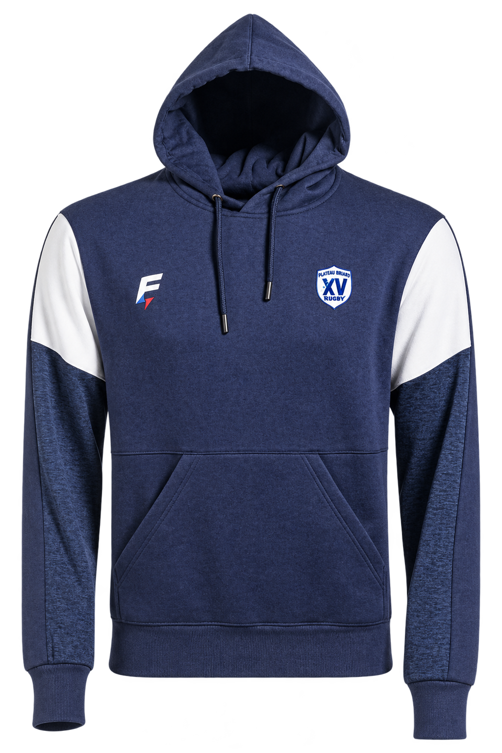 Hoody CHISTERA marine, empiècements blancs aux épaules et écusson Plateau Briard, vue de face