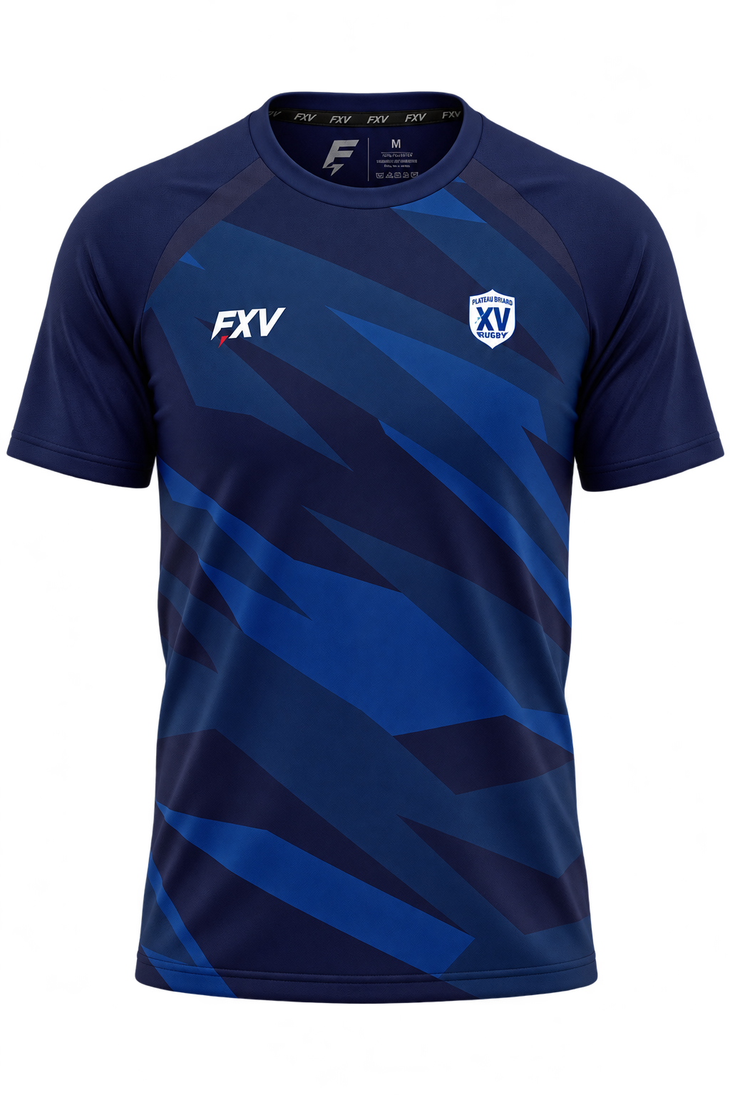 Maillot OVALIE marine à motifs géométriques bleus et écusson Plateau Briard, vue de face